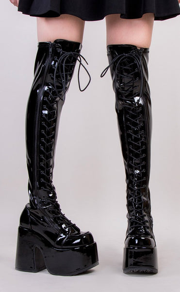 Demonia CAMEL-300 Black Patent Thigh High Boots | Goth Shoes Australia