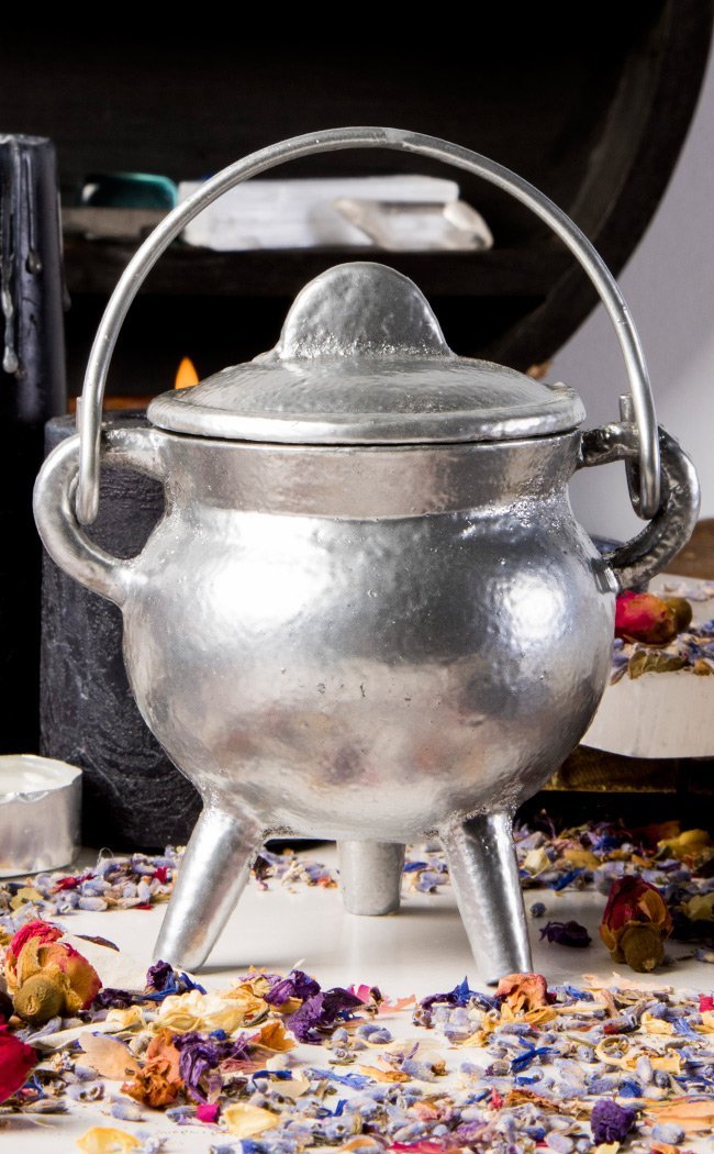 Cast Iron Cauldron w Lid In Silver-Cauldrons-Tragic Beautiful