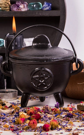 Cast Iron Engraved Pentacle Cauldron-Cauldrons-Tragic Beautiful