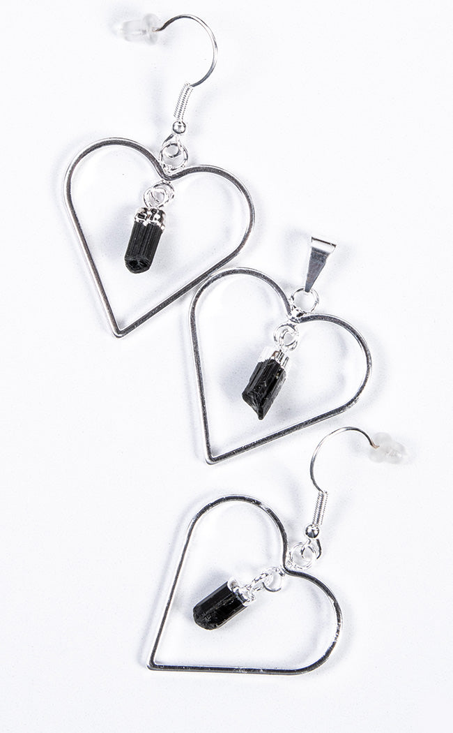 Crystal Heart Pendant & Earrings Set | Black Tourmaline-Gothic Jewellery-Tragic Beautiful
