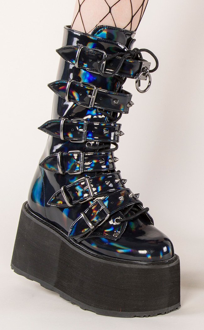DAMNED-225 Black Hologram Vegan Leather Boots (Au Stock)-Demonia-Tragic Beautiful
