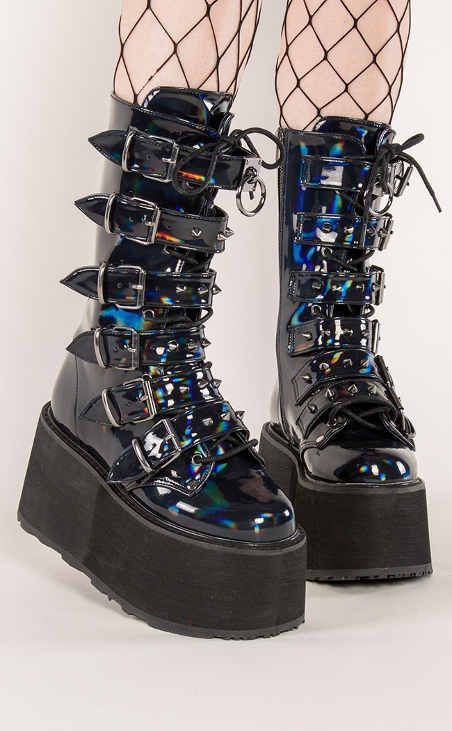 Demonia Damned 225 Goth Punk Grunge Platform Calf Boots – Black Hologram, 3.5" Wedge, Women's Sizes 6-12