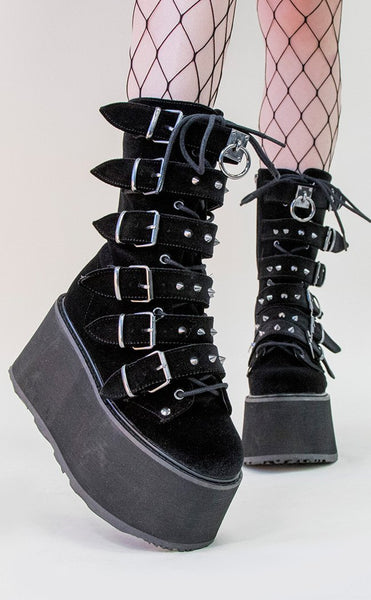 Demonia DAMNED-225 Black Velvet Boots Goth Alt Shoes Australia