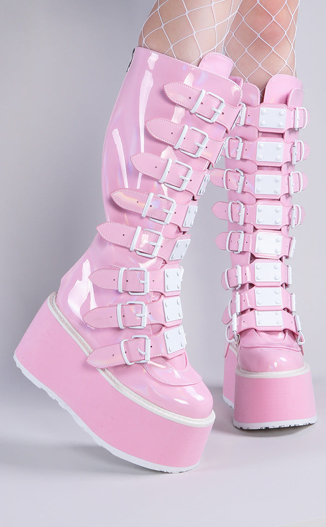 Demonia DAMNED-318 Pink Holographic Boots | Gothic Alt Shoes Australia