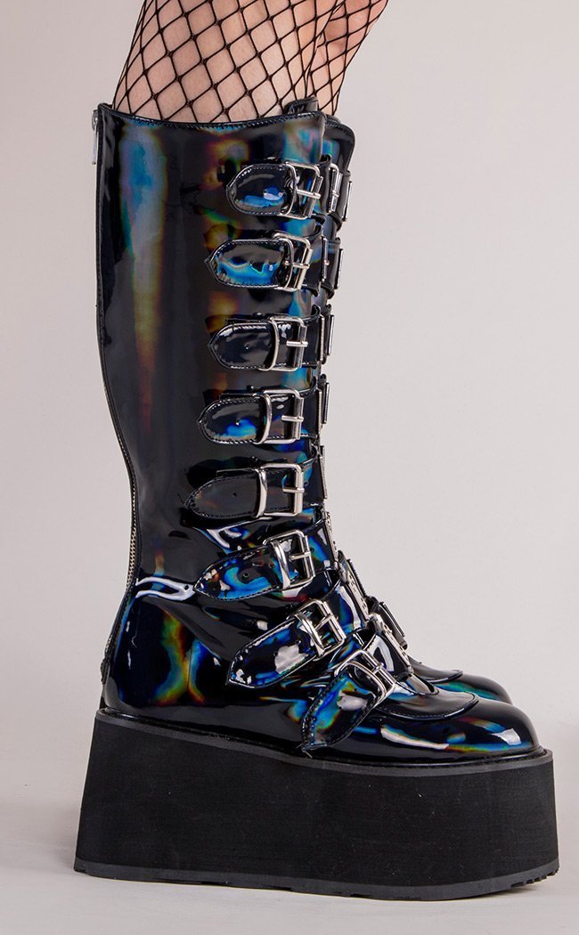 DAMNED-318 Black Hologram Vegan Leather Boots-Demonia-Tragic Beautiful