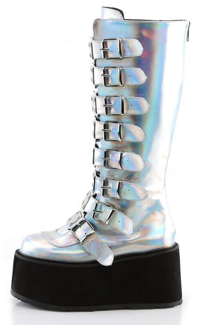 DAMNED-318 Silver Hologram Vegan Leather Boots-Demonia-Tragic Beautiful