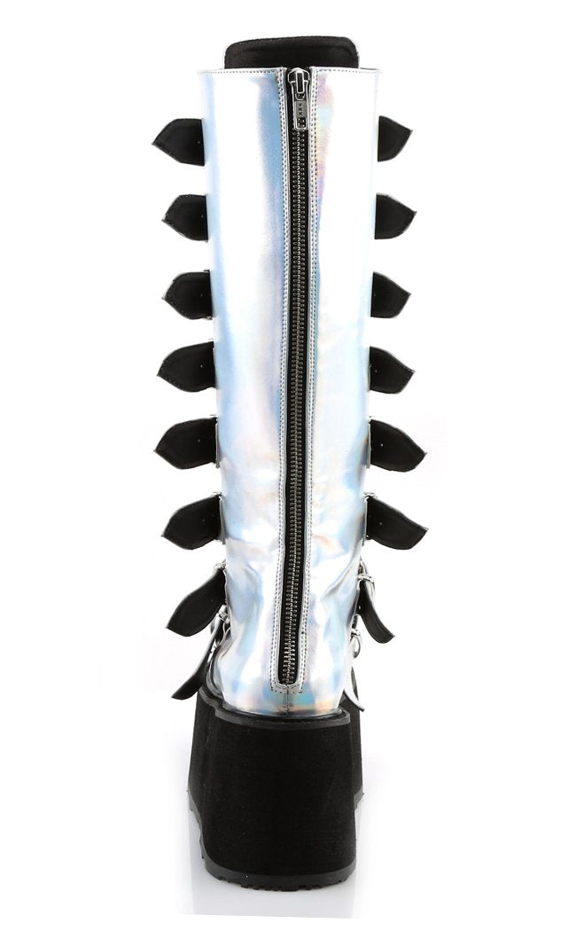 DAMNED-318 Silver Hologram Vegan Leather Boots-Demonia-Tragic Beautiful
