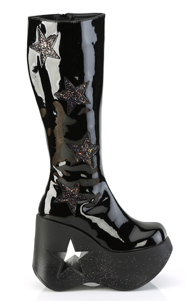 DYNAMITE-218 Black Patent/Glitter Knee Boots-Demonia-Tragic Beautiful