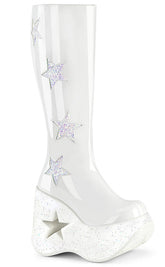 DYNAMITE-218 White Patent/Glitter Knee Boots-Demonia-Tragic Beautiful