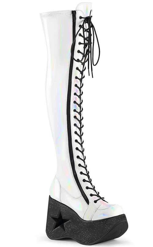 DYNAMITE-300 White Stretch Patent Thigh High Boots | Demonia Australia