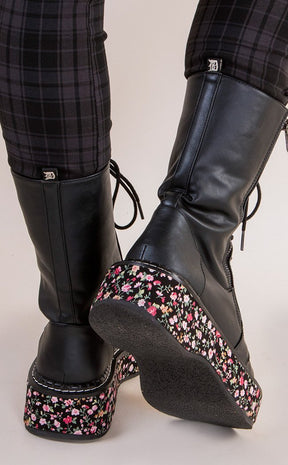 EMILY-350 Blk Vegan Leather-Floral Fabric Boots-Demonia-Tragic Beautiful