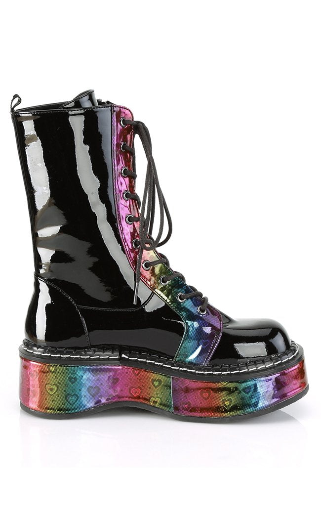 EMILY-350 Rainbow Hologram Hearts Boots-Demonia-Tragic Beautiful