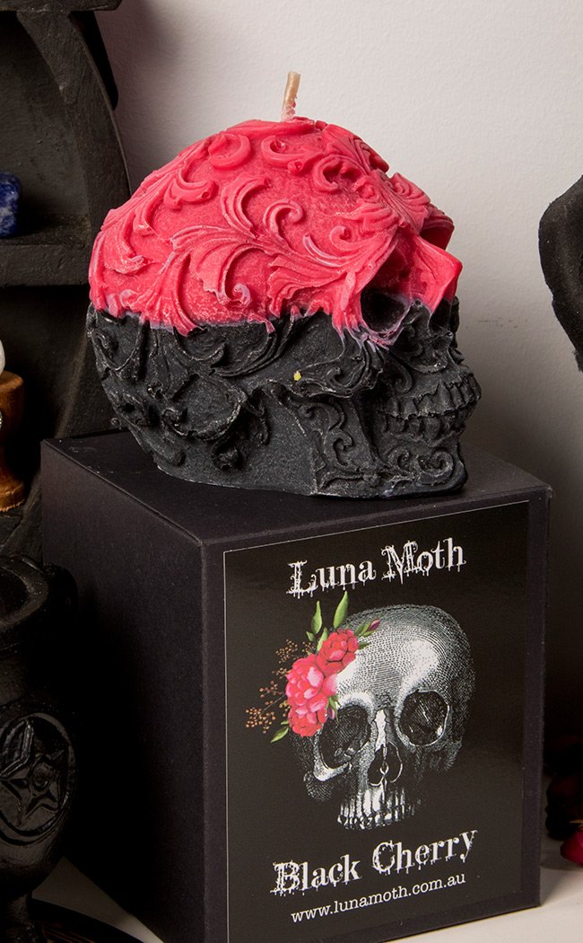 Engraved Skull Candle - Black Cherry-Luna Moth-Tragic Beautiful