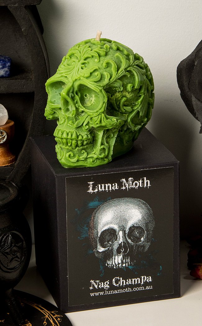 Engraved Skull Candle | Nag Champa-Luna Moth-Tragic Beautiful