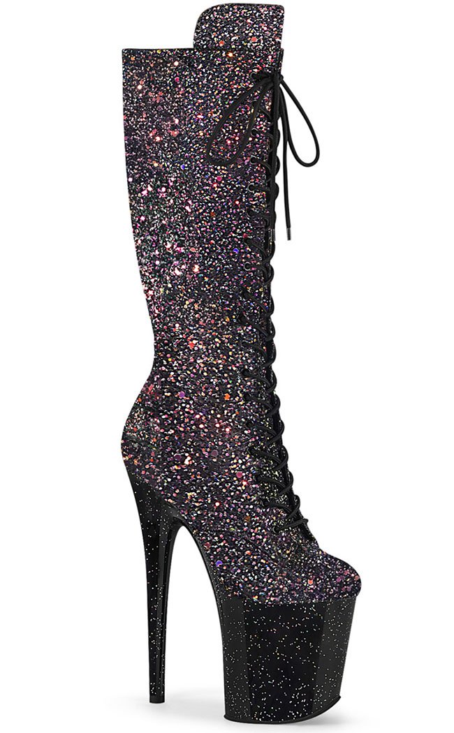 FLAMINGO-2020MG Black Multi Glitter Knee High Boots-Pleaser-Tragic Beautiful