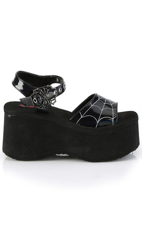 FUNN-10 Black Patent Holo Spiderweb Sandals-Demonia-Tragic Beautiful