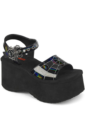 FUNN-10 Black Patent Holo Spiderweb Sandals-Demonia-Tragic Beautiful