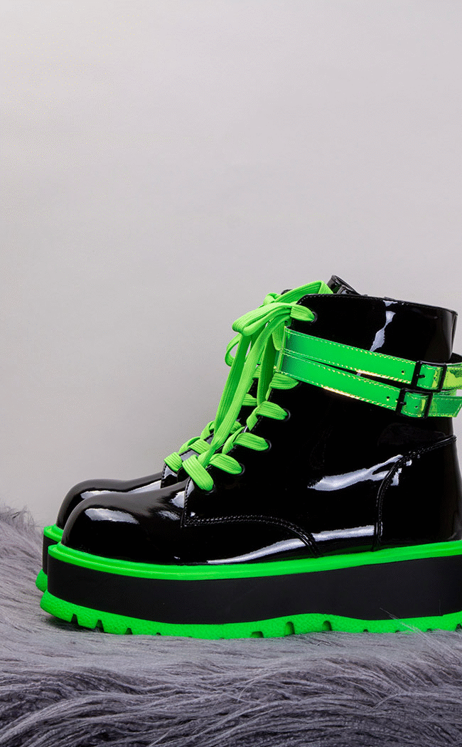 SLACKER-52 Black Patent & UV Green Platform Ankle Boots