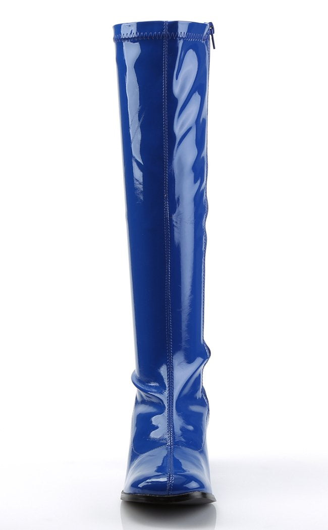 GOGO-300 Navy Blue Stretch Patent Gogo Boots-Funtasma-Tragic Beautiful