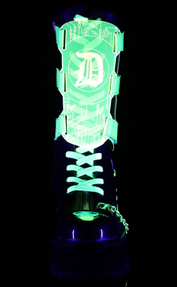 GRAVEDIGGER-255 Black & UV Green Harness Boots | Goth Shoes Australia