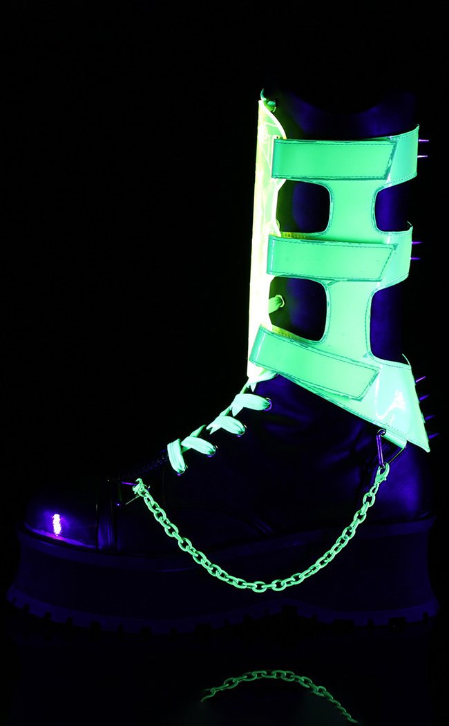 GRAVEDIGGER-255 Black & UV Green Harness Boots-Demonia-Tragic Beautiful
