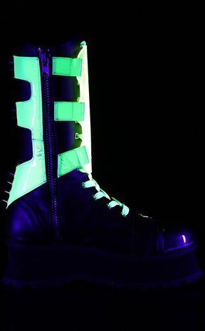 GRAVEDIGGER-255 Black & UV Green Harness Boots-Demonia-Tragic Beautiful