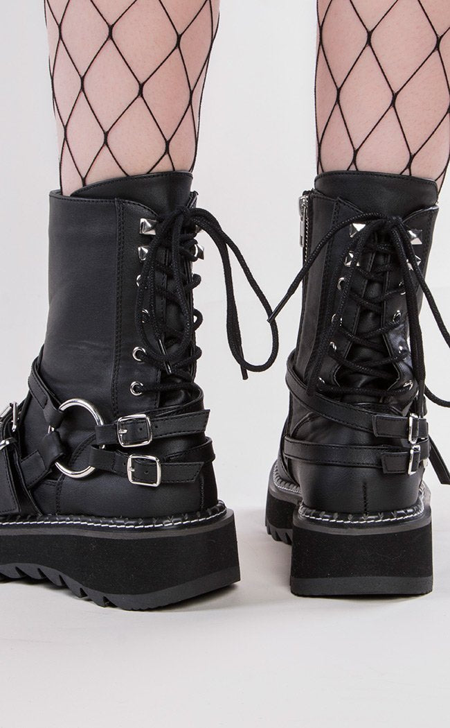 Lilith-210 Black O Ring Corset Boots-Demonia-Tragic Beautiful