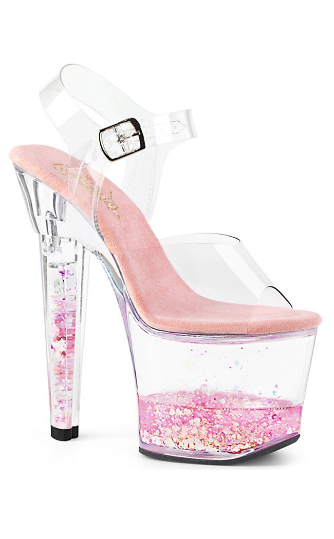 LOVESICK-708GH Clear & Pink Glitter Heels-Pleaser-Tragic Beautiful