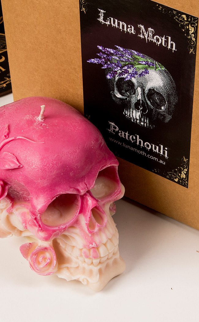 Large Floral Skull Candle | Patchouli-Luna Moth-Tragic Beautiful