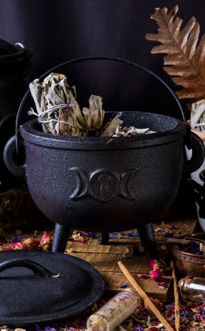 Large Triple Moon Tripod Cauldron w Lid-Cauldrons-Tragic Beautiful