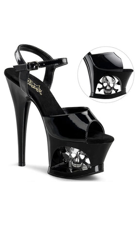 MOON-709SK Black Patent & Pewter Skull Heels-Pleaser-Tragic Beautiful