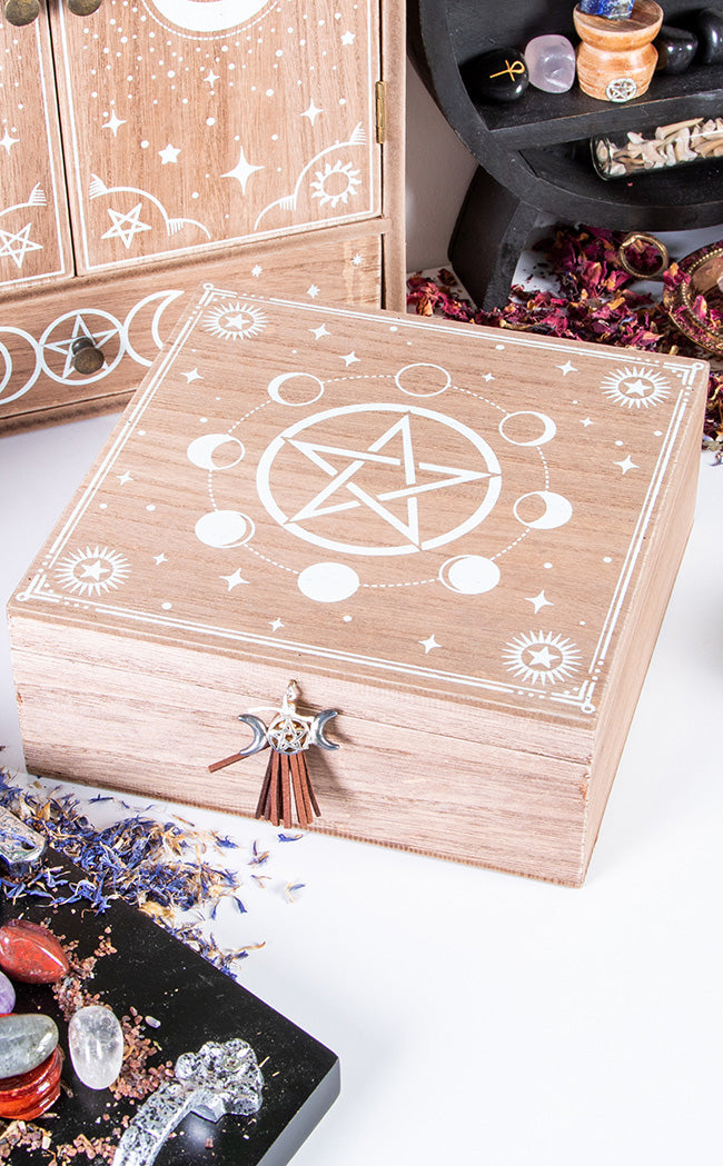 Moon Phase Pentagram Wooden Box-Homewares-Tragic Beautiful
