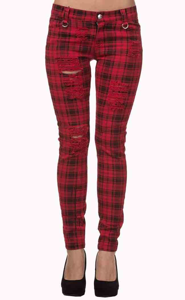 Eat The Rich Tartan Jeans Red-Banned Apparel-Tragic Beautiful