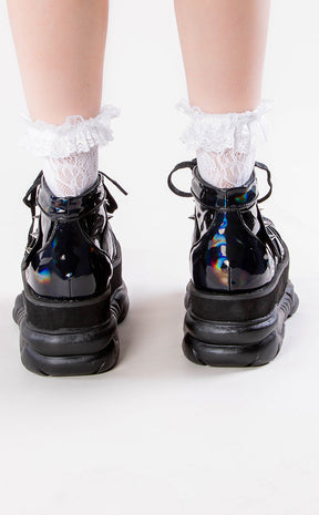 NEPTUNE-100 Black Holographic Platform Sneaker Ankle Boots-Demonia-Tragic Beautiful
