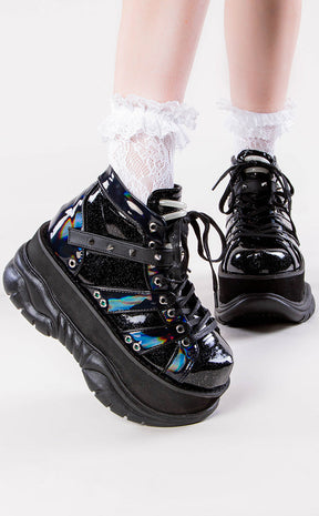 NEPTUNE-100 Black Holographic Platform Sneaker Ankle Boots-Demonia-Tragic Beautiful