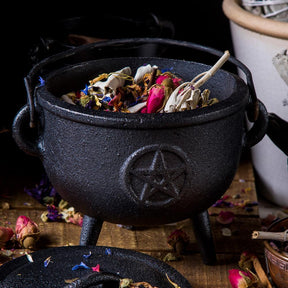 Pentagram Design Tripod Cauldron w Lid-Cauldrons-Tragic Beautiful