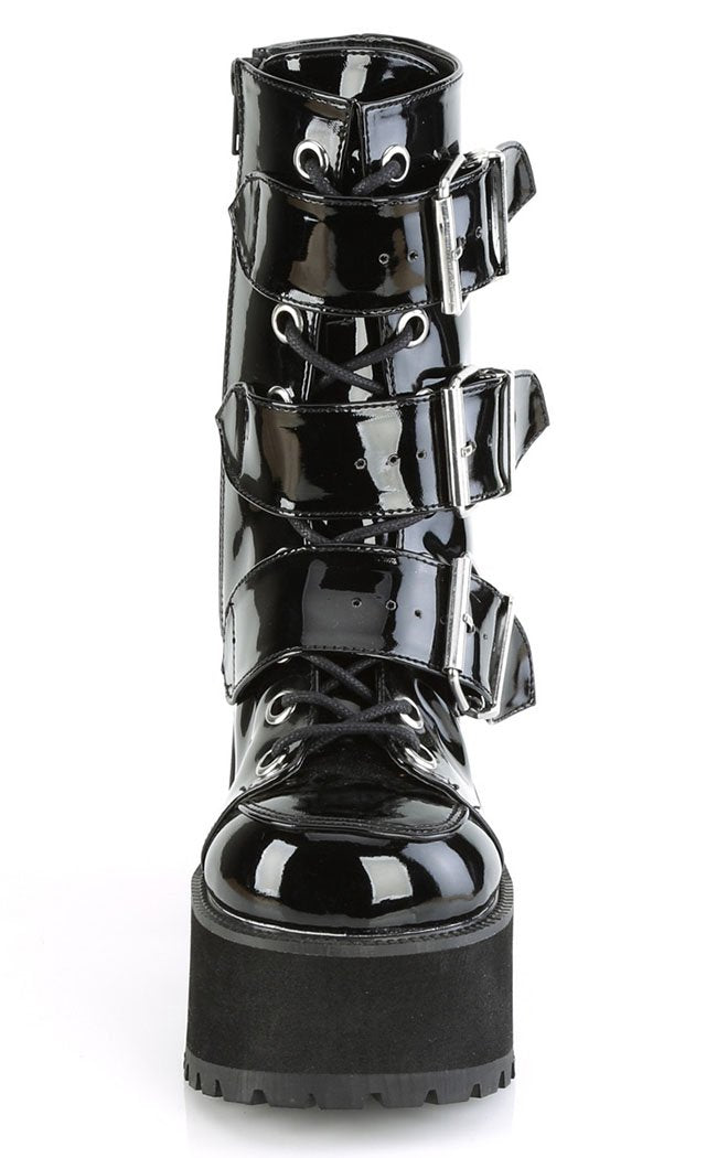 RANGER-308 Black Patent Buckled Boots-Demonia-Tragic Beautiful