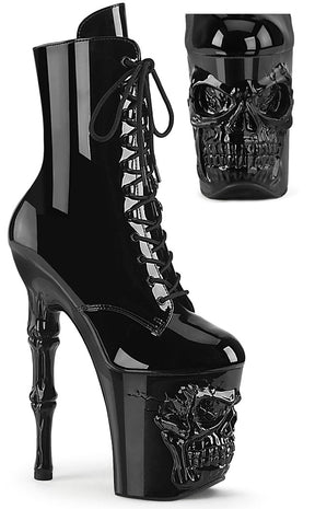 RAPTURE-1020 Black Patent Skull Boots-Pleaser-Tragic Beautiful