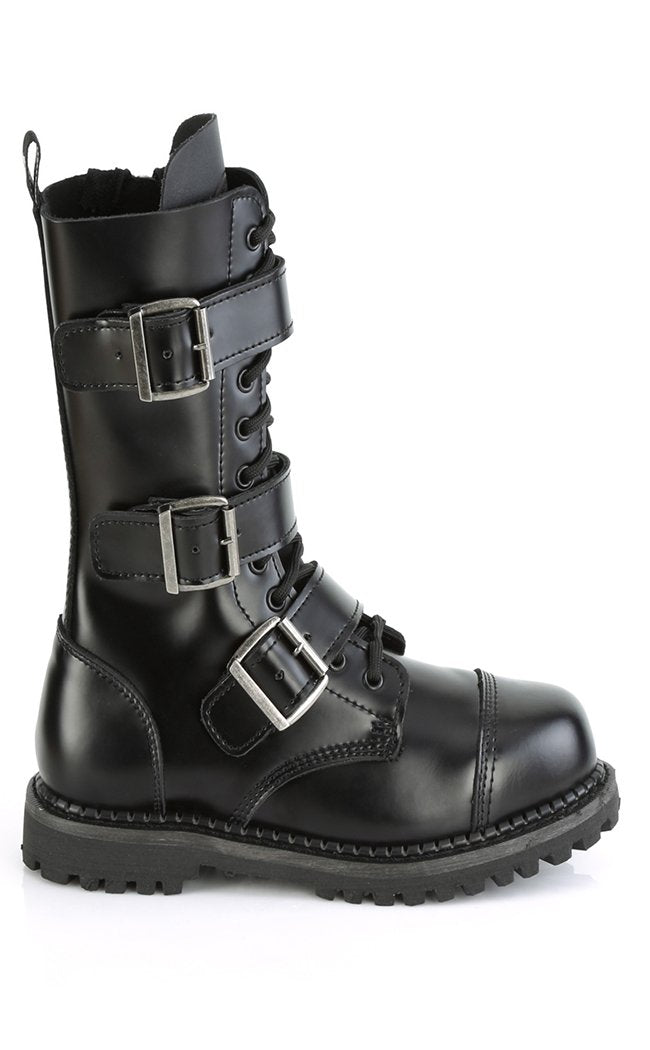 RIOT-12BK Black Leather Boots-Demonia-Tragic Beautiful