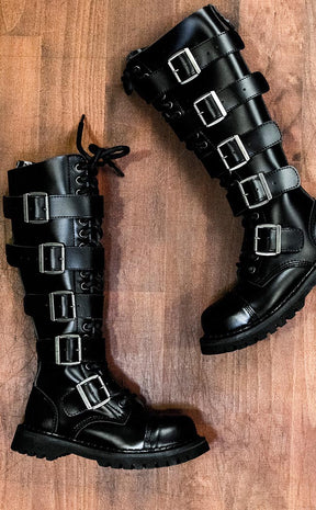 RIOT-18BK Black Leather Boots-Demonia-Tragic Beautiful