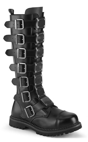 RIOT-21MP Black Leather Knee High Boots-Demonia-Tragic Beautiful