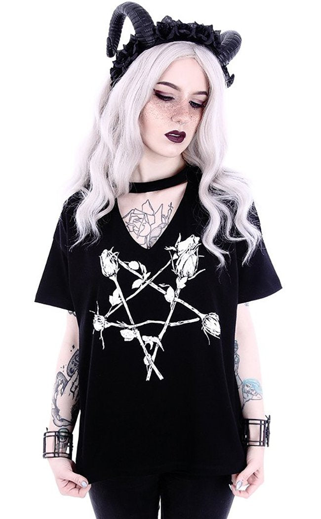Rose Pentagram V Neck T-shirt-Restyle-Tragic Beautiful