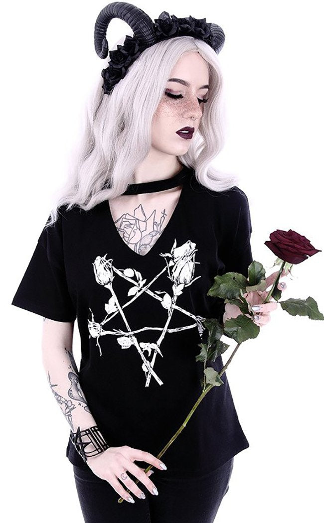 Rose Pentagram V Neck T-shirt-Restyle-Tragic Beautiful