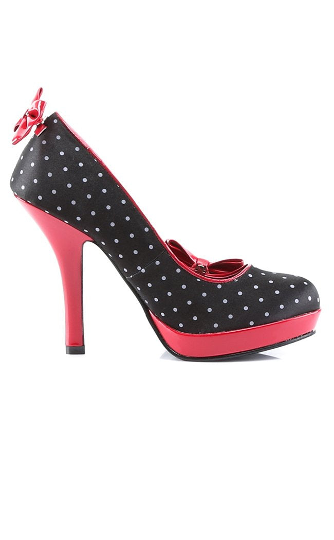 SECRET-12 Blk Satin-Red Pat (Polka Dots Print) Heels-Pin Up Couture-Tragic Beautiful