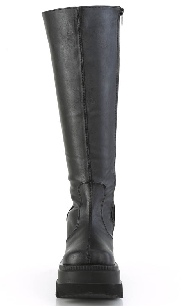 SHAKER-100WC Black Vegan Knee High Platform Boots | Wide Calf-Demonia-Tragic Beautiful