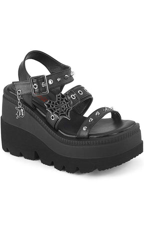 SHAKER-13 Black Matte Wedge Sandals-Demonia-Tragic Beautiful