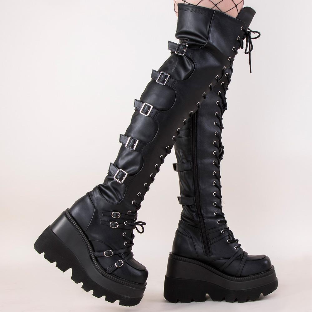 SHAKER-350 Black Thigh High Boots-Demonia-Tragic Beautiful