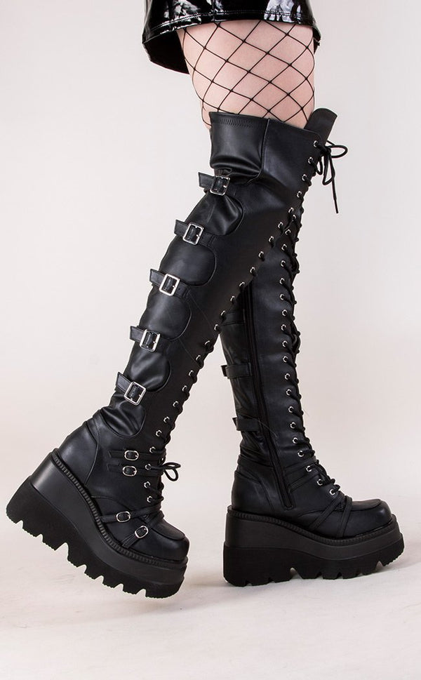 Demonia SHAKER350 Black Thigh High Boots Gothic Shoes Australia