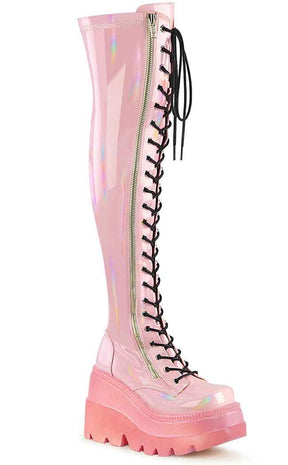 SHAKER-374-1 Baby Pink Holographic Thigh High Platform Boots (Au Stock)-Demonia-Tragic Beautiful