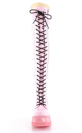 SHAKER-374-1 Baby Pink Holographic Thigh High Platform Boots (Au Stock)-Demonia-Tragic Beautiful